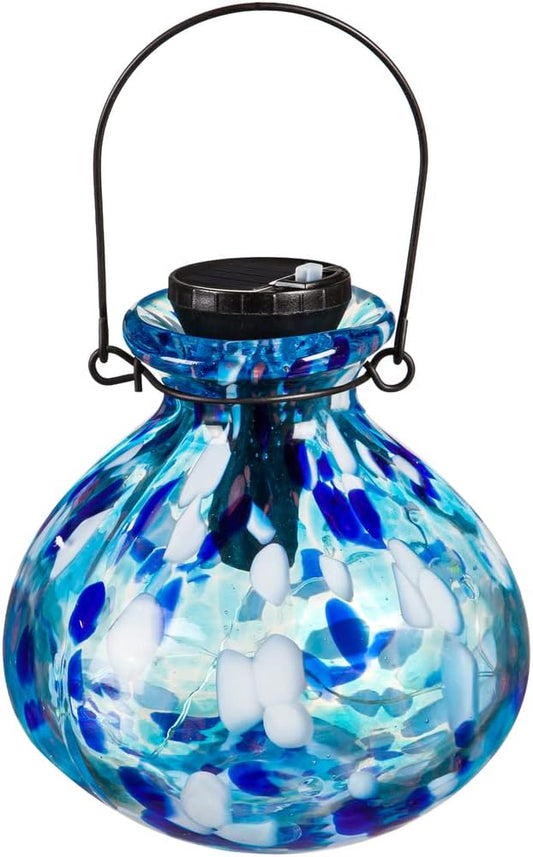 Glass Solar Outdoor Lantern Aqua Confetti