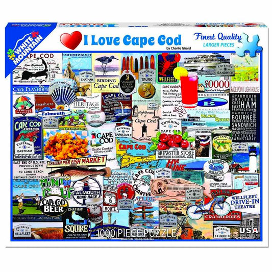 White Mountain I Love Cape Cod 1000 piece jigsaw puzzle by artist Charlie Girard features everything you adore about Cape Cod, Massachusetts