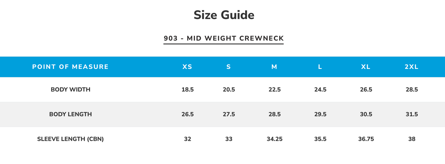 mid-weight crew neck size guide