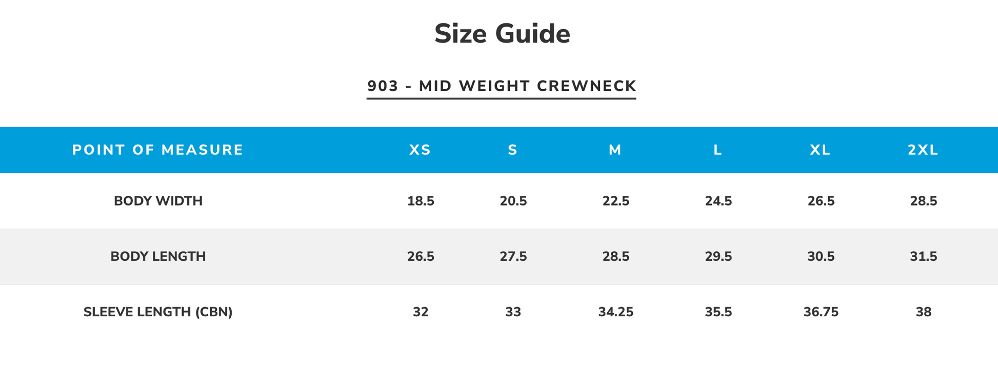 Dennis Port Crewneck Size Chart
