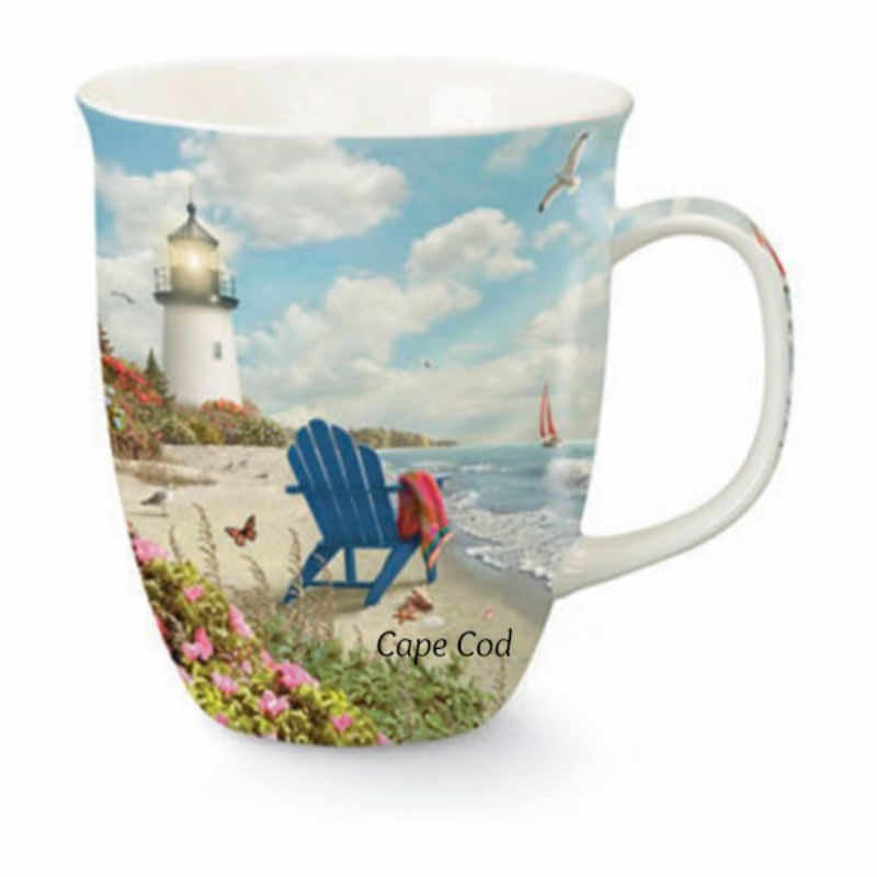 This Cape Shore Rays of Hope Harbor Mug has a peaceful design featuring a lighthouse and adirondack chair. 