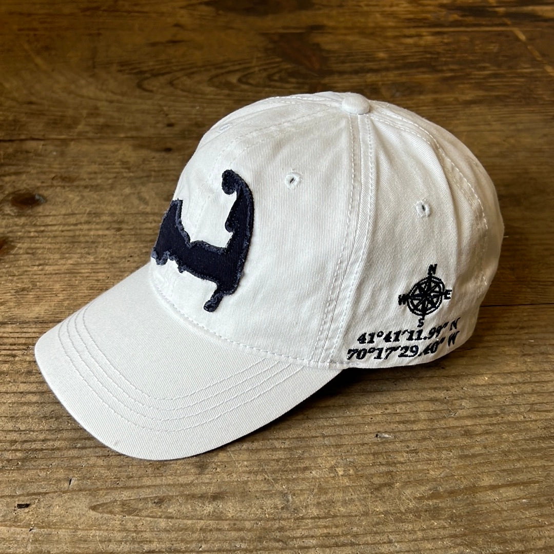 Sideview of the white Cape Cod embroidered map cap