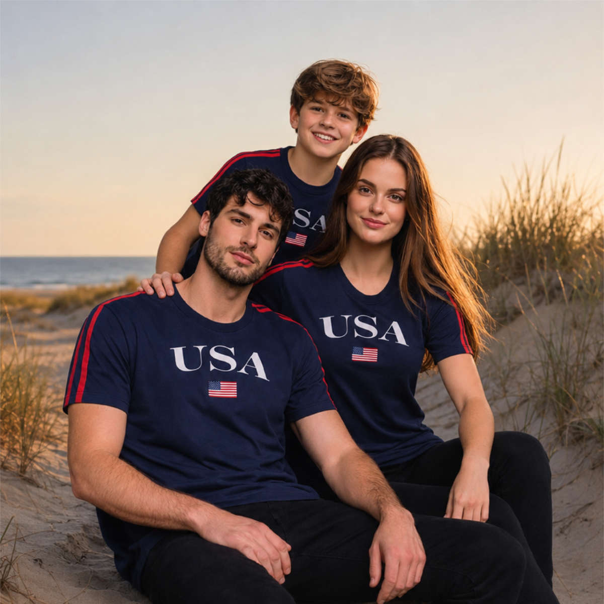 Family of three sitting on a beach wearing USA t-shirts with an American flag.